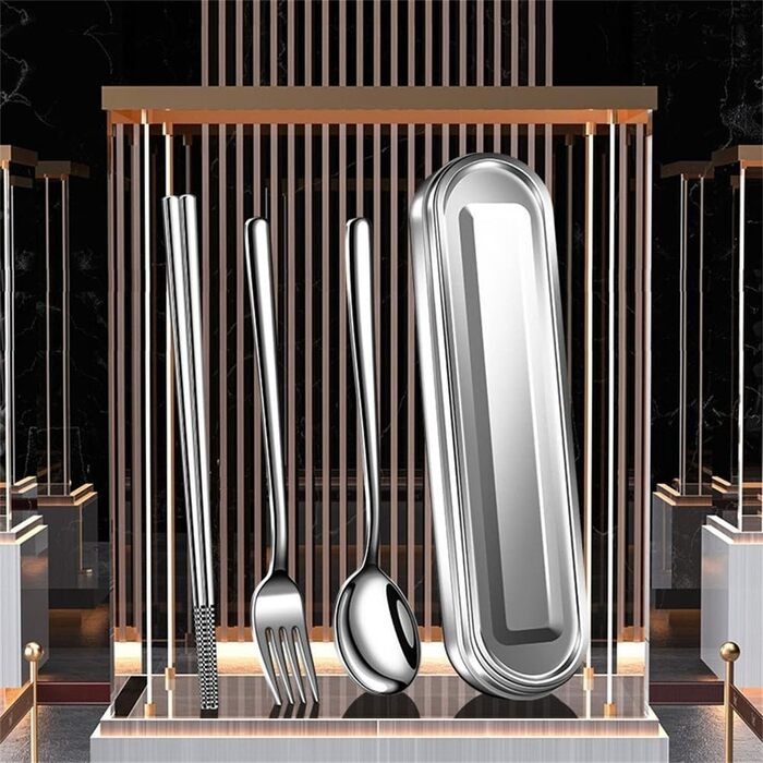 Набір столових приборів з нержавіючої сталі для подорожей з коробкою виделка, ложка, палички для їжі - для офісу, кемпінгу, пікніка та використання на природі