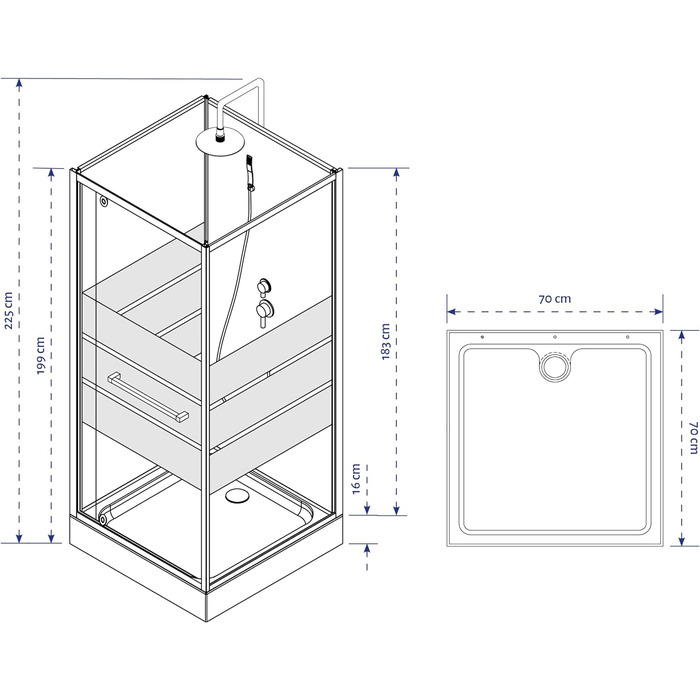 Душова кабіна з фронтальним доступом Душова кабіна з високоякісними алюмінієвими профілями Висота входу 16 см (70 x 70 x 225 см)