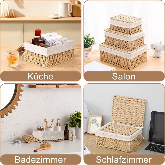 Набір кошиків для зберігання з 3 шт. , кошики для зберігання з кришками, плетені з паперової мотузки, кошики в стилі бохо з підкладкою, багатофункціональна коробка для зберігання іграшок, туалетного приладдя, туалетного паперу, хакі