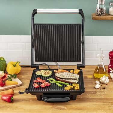 Контактний гриль Tefal Inicio GC241D Електричний гриль/бутербродниця Гриль з низьким вмістом жиру Паніні, Тости, Стейк, Овочі Пластини для гриля з антипригарним покриттям 2000 Вт 36,3x10,8x33,2 см Нержавіюча сталь/чорний єдиний стандарт