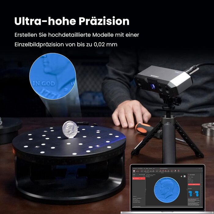 Ручний 3D-сканер Revopoint MINI 2 для 3D-друку, точність 0,02 мм, 16 кадрів в секунду, промислове блакитне світло, кольоровий скан