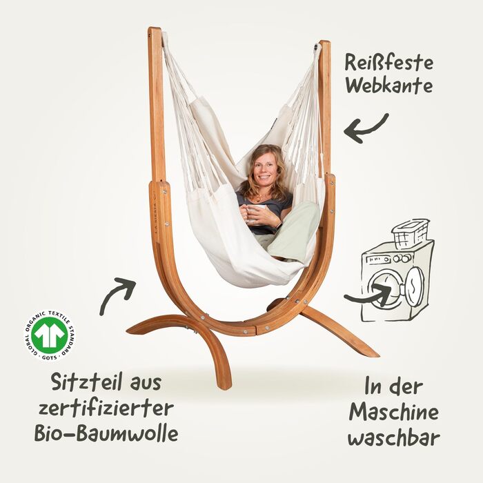 Підвісне крісло з органічної бавовни Udine з дерев'яним каркасом - М'яке підвісне крісло ручної роботи, стійке до розривів, м'яке