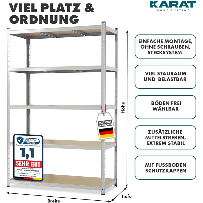 Надміцний стелаж KARAT, 180 x 90 x 60 см, безболтовий стелаж, підвальний стелаж, металевий стелаж - виготовлений зі сталі - 5 регульованих полиць (оцинкованих) 180 x 90 x 60 см сріблястий