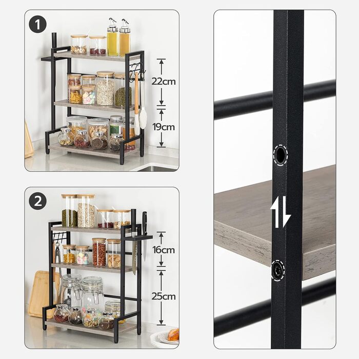 Підставка для спецій HOOBRO, кухонна полиця з 3 гачками, підставка для спецій з тримачем для ножів, настільний органайзер, регульовані ніжки, для їдальні, кухні, ванної кімнати, сіро-чорна, EBG01TL01 сірий