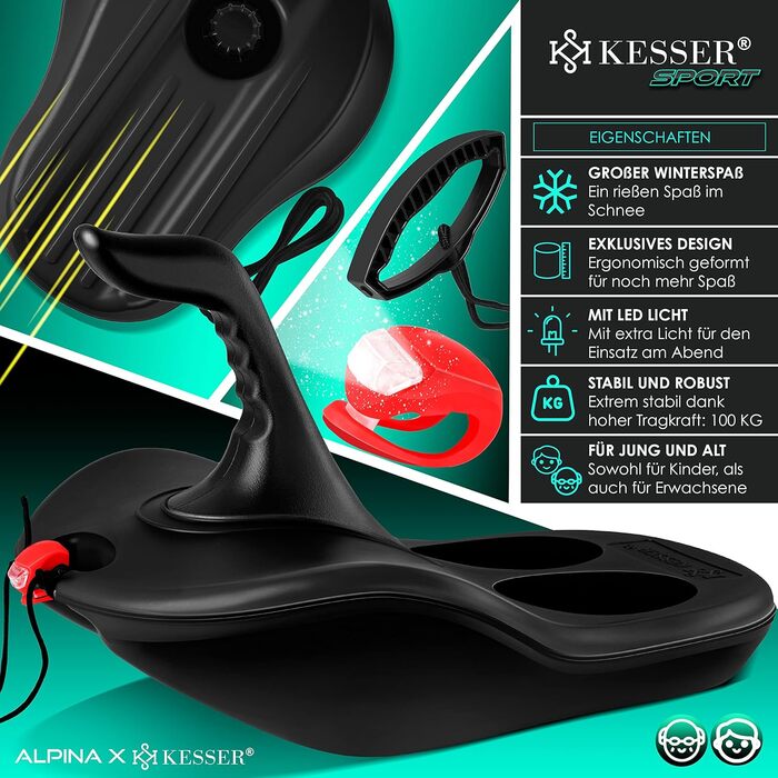 Зі світлодіодним підсвічуванням вкл. мотузку для витягування Санки Тобогган Дитячі санки Zipfelbob Пластикові санки Стабільні для