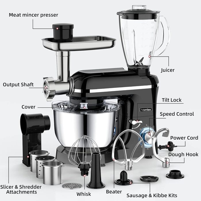 Кухонний комбайн Homlee 3 в 1 Багатофункціональна тістомісильна машина 1800 Вт 6-рівневий блендер, з м'ясорубкою, соковижималкою 1,5 л, чашею з нержавіючої сталі 5,5 л Тістоміс чорний