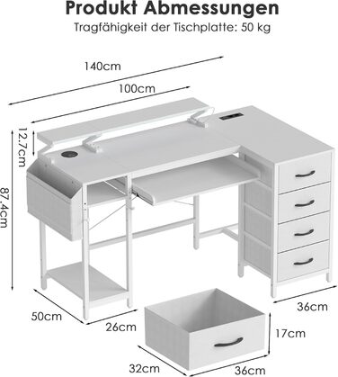 Подібний стіл Yeshine 140 см з підставкою для клавіатури, ігровий стіл з USB-портом зарядки та розеткою, комп&39ютерний стіл з RGB-підсвічуванням та шухлядами для роботи, навчання, відпочинку, білий