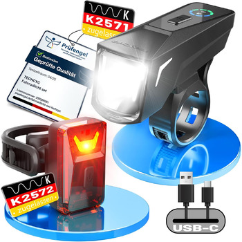 Комплект велосипедних ліхтарів TECHCYC із датчиком Lightsense, велосипедний ліхтар зі світлодіодним освітленням до 70 люкс, схвалено StVZO, велосипедний ліхтар із USB-перезарядкою, IPX6, передні велосипедні ліхтарі ємністю 2500 мАг та задній ліхтар ємніст