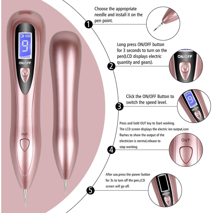 Видалення родимок - Професійна ручка для краси VOONEEN Mole Removal, з 9 рівнями міцності для обличчя і тіла, видалення бородавок, невусів, родимок, з золотим USB-акумулятором
