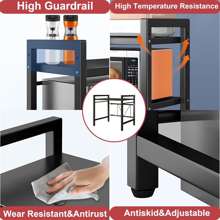 Полиця для мікрохвильової печі, розширювана з 6 гачками, 1 полиця для обробної дошки, органайзер для кухонних полиць, кухонна полиця для мікрохвильової печі, 2-рівнева полиця для мікрохвильової печі