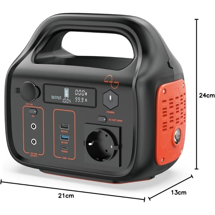 Портативна зарядна станція 296 Втгод 300 Вт з USB-C, AC/DC, вихід 12 В/24 В, сонячна зарядка, світлодіодне освітлення, мобільний акумулятор для кемпінгу, активного відпочинку, надзвичайних ситуацій, сумісна із сонячними панелями