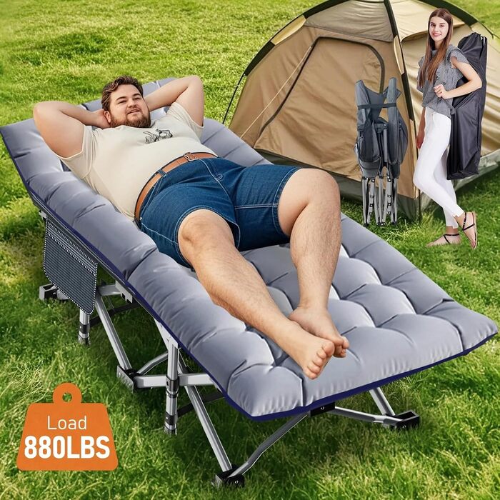 Розкладне туристичне ліжко з матрацом та боковими кишенями, вантажопідйомність 200 кг, розкладне гостьове ліжко, сталевий каркас та тканина Оксфорд, 190 x 71 x 36 см, підходить для саду, офісу, кемпінгу, сірий