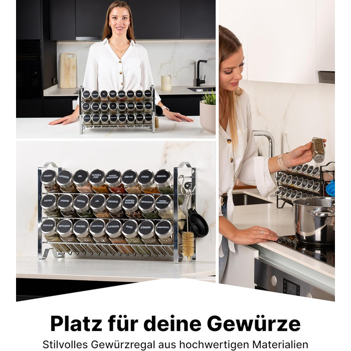 Квадратна підставка для спецій Deco haus з банками для спецій - Банки для спецій з полицею - Настінна підставка для спецій, підставка для спецій з набором з 24 банок для спецій - Металева підставка для спецій, не потребує свердління, хром - Набір з 24 пре