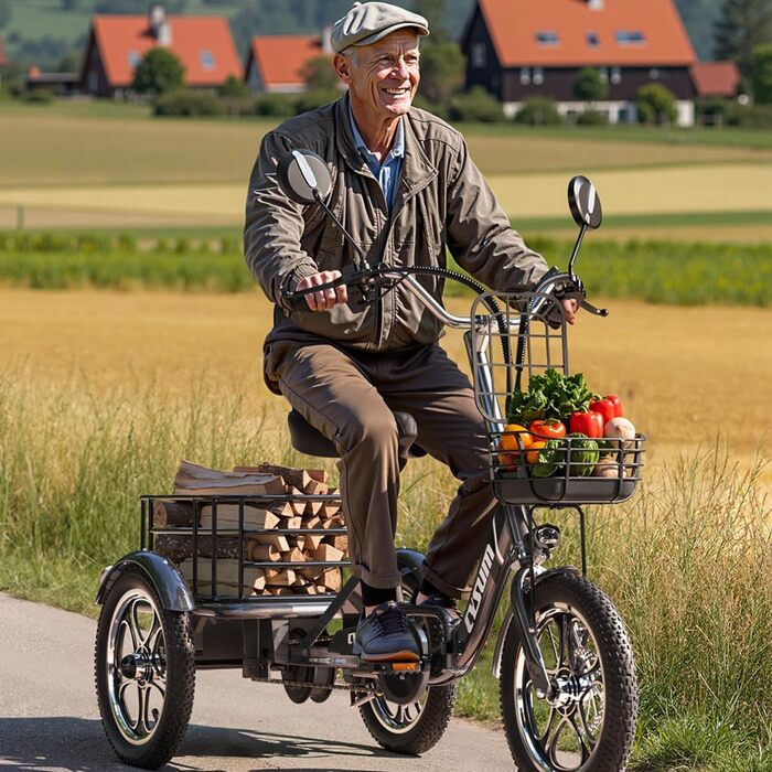 Електричний триколісний велосипед cysum для дорослих, 16-дюймовий складаний 3-колісний електровелосипед, акумулятор 48 В 22 Аг, запас ходу до 120 км, вантажний електротриколісний велосипед, вантажопідйомність 150 кг