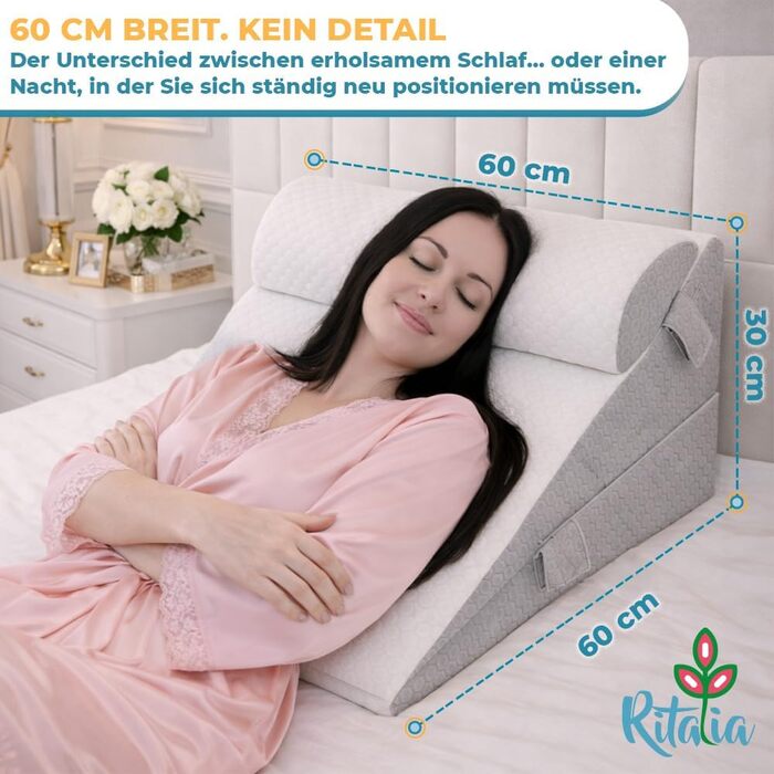 Подушка-клин Ritalia, 3 висоти, 60x60x30 см Подушка для спини для ліжка та для ніг Ергономічна подушка для сидіння з опорою для спини, ідеально підходить як подушка-клин для сну та покращення матраца, 60x60x30 сірого кольору