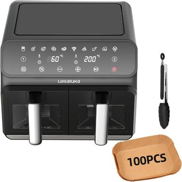 Двокамерна фритюрниця Lellaluka, фритюрниця, 2-камерна фритюрниця 8 л, яка може готувати одночасно з видимим вікном, сенсорним екраном і функцією зневоднення