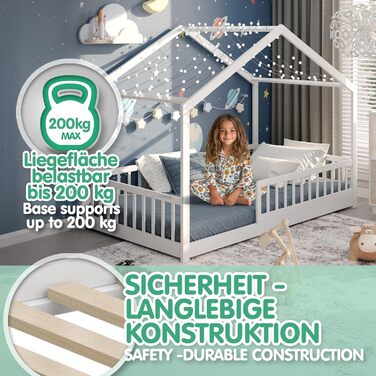 Дитяче ліжко CADANI Malte 120x200 см Ліжко-будиночок зі знімними захисними поручнями, вантажопідйомність до 200 кг, висувна рейкова основа, ліжко Монтессорі з масиву сосни, білий колір 120x200 см