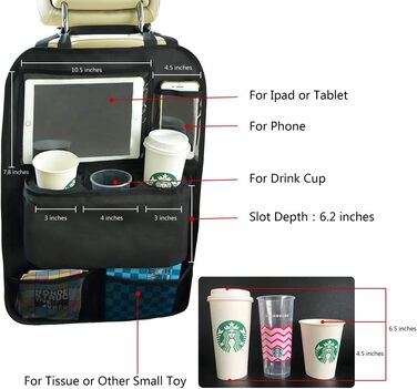 Автомобільний органайзер для заднього сидіння KALASONEER з iPad, телефоном, планшетом і 3 тримачами для чашок з ізоляційними матер