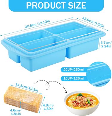 Силіконові контейнери для заморозки з кришками, контейнери для зберігання супів, соусів та готових страв, 1 склянка/250 мл, небесно-блакитний (2, квадратні) 2 квадратні, 2