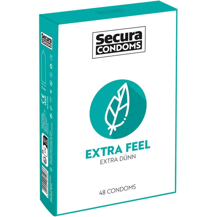 Презервативи Secura Extra Feel, упаковка з 48 шт. - 48 ультратонких презервативів без гормонів для чоловіків, прозорі