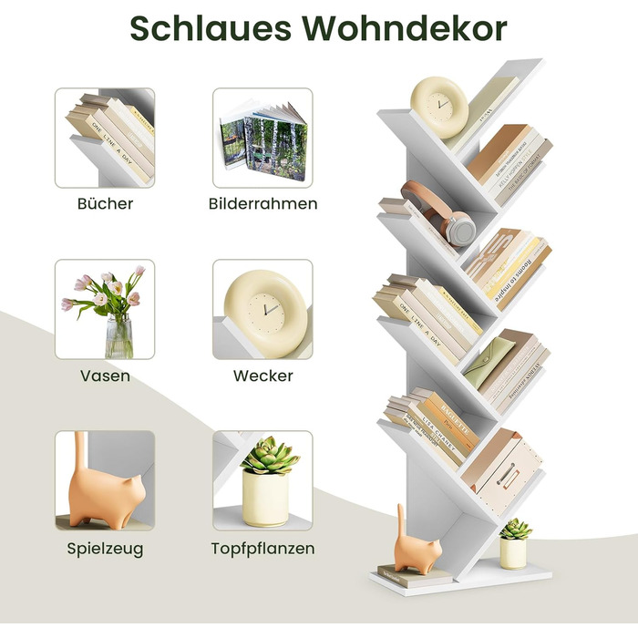 Книжкова полиця EUGAD у формі дерева, окремостояча полиця для CD/DVD з 9 полицями, полиця для зберігання, кутова полиця для спальні, вітальні, 40x127x20 см, білий