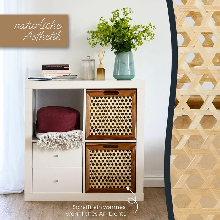 Кошик для зберігання HMF, що підходить для полиць Kallax, кошик з ротанга з віденським плетеним лозом та деревиною акації Візерунок 2 32 x 34 x 32 см