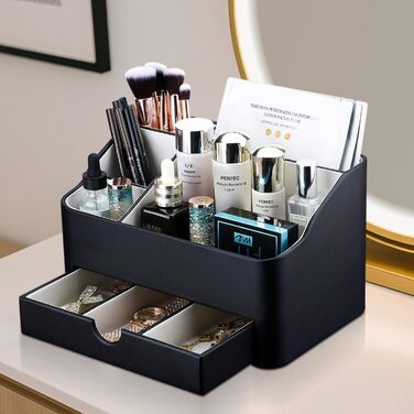 Органайзер для косметики KINGFOM, органайзер для макіяжу зі штучної шкіри з шухлядою, органайзер для догляду за шкірою для туалетного столика (чорний)
