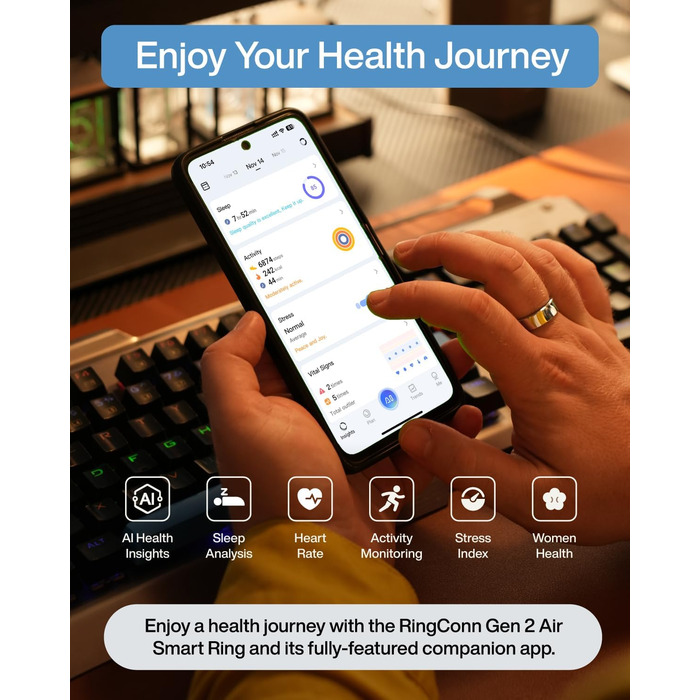 Надтонке смарт-кільце зі штучним інтелектом, 10-денний час роботи від батареї, трекер сну/стресу/серцевого ритму, смарт-кільця для чоловіків, водонепроникність IP68, сумісність з iOS та Android (Galaxy Silver, 8) 8 Silver, 2 Air