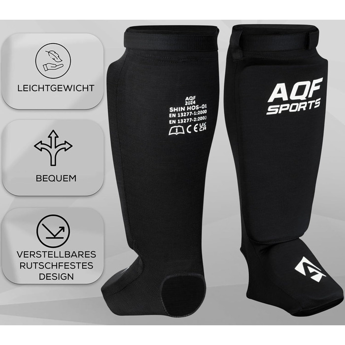 Щитки для гомілок AQF для кікбоксингу - CE UKCA SATRA, схвалені для муай-тай - захисні щитки з EVA-підкладкою для MMA, підтримка ніг, щитки для гомілок для карате, бойових мистецтв, розмір M, чорний