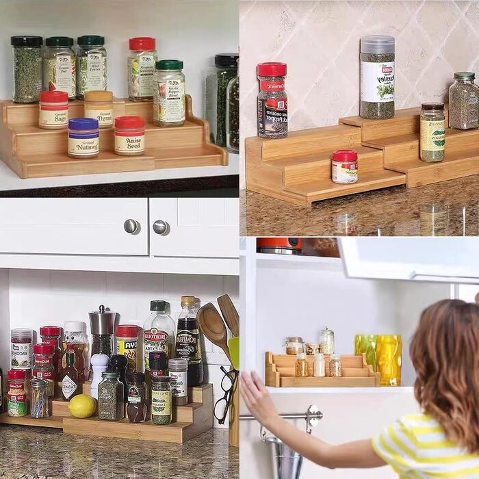 Рівнева бамбукова підставка для спецій, висувний тримач для спецій, практична підставка для спецій, розширювана бамбукова підставка для спецій для кухонних шаф, 3-