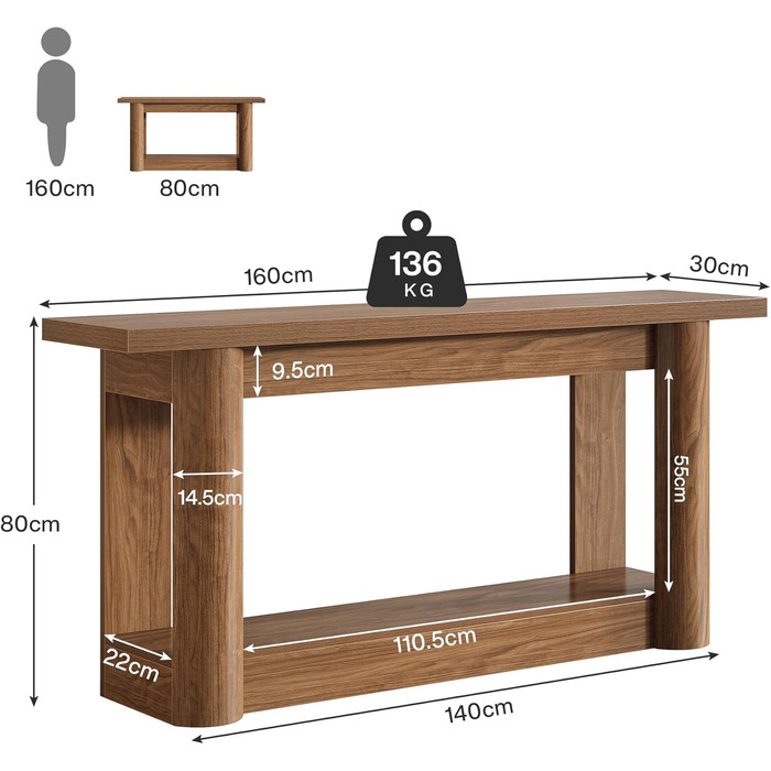 Консольний столик Tribesigns 160 см, вузький столик для передпокою, довгий столик для дивана за диваном, 2-ярусний столик для передпокою, бічний столик для передпокою, вітальні, рустикальний коричневий