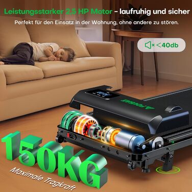 Килимок для ходьби, бігова доріжка 1-10 км/год для домашнього використання з нахилом 9, ходунковий тренажер 2,5 к.с. зі світлодіодним дисплеєм, пульт дистанційного керування, 12 програм, подвійна амортизація, вантажопідйомність до 150 кг, чорно-зелений, 4