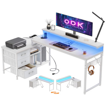 Г-подібний письмовий стіл ODK з шухлядами, кутовий стіл 174x100 см, білий з перевернутою полицею, ігровий стіл зі світлодіодним підсвічуванням та підставкою для монітора, комп&39ютерний стіл, офісний стіл для кабінету або спальні, 174x100 см, білий