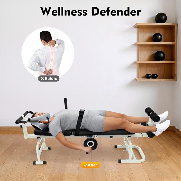 Регульований стіл для розтяжки спини, вантажопідйомність 150 кг, складне шийне та поперекове тягове ліжко з тяговим ременем, максимальна довжина 190 см, багатофункціональне тягове ліжко для спини з колесами, лава для розтяжки