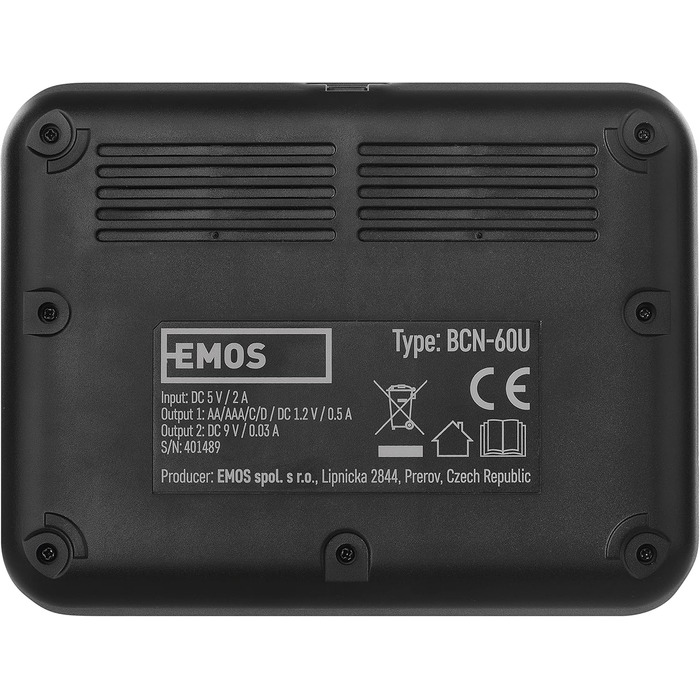 Універсальний зарядний пристрій EMOS для NiMH та NiCd акумуляторів, швидкий зарядний пристрій 500 мА, для 1-6 акумуляторних батарей AAA, AA, C, D, 9V, включаючи кабель USB-C, світлодіодний індикатор, захист батареї, функції безпеки