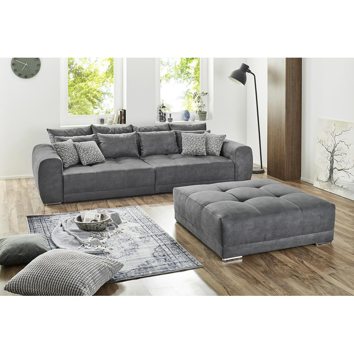 Великий диван XXL Ш306/Г134/В86 см, зручний диван-ліжко з високоякісною пружинною оббивкою, багато подушок, площа лежання 120 см x 240 см, приємний чохол з мікрофібри сірого кольору / 15114