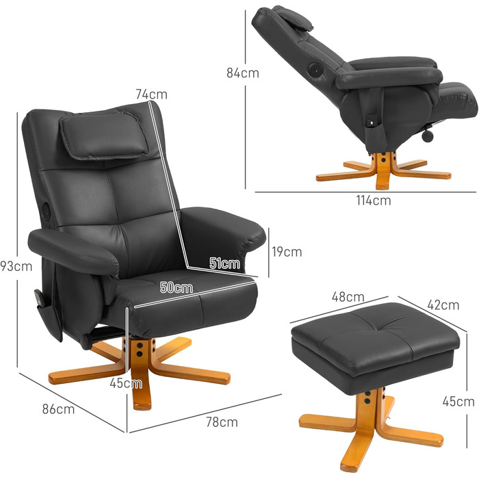Крісло-реклайнер HOMCOM з підніжкою, поворотне на 360 крісло для телевізора з розминанням та вібраційним масажем, функція відкидання, масажне крісло з портами USB та USB-C, бічна кишеня, штучна шкіра, чорний колір