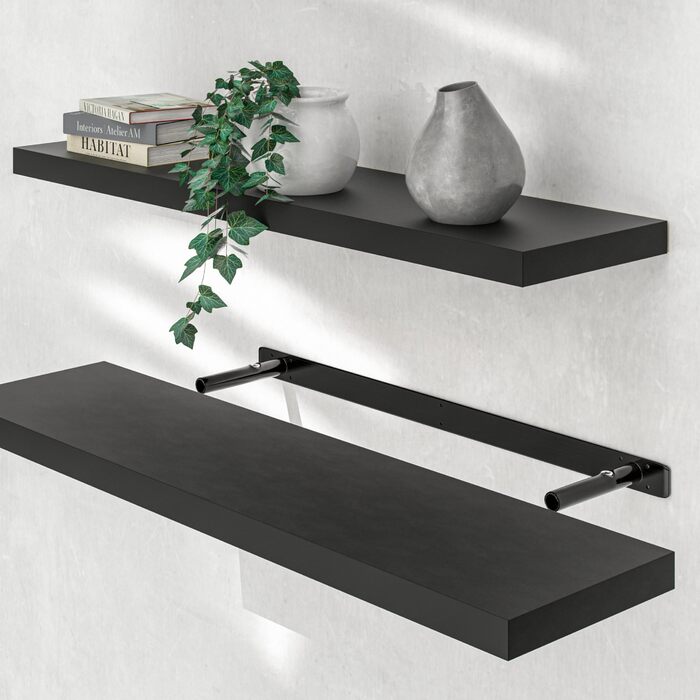 Настінна полиця Casaria, дерев&39яна, чорна, полиця з кронштейном, вантажопідйомність 15 кг, підвісна полиця, кухня, вітальня, коридор, настінна плаваюча полиця, книжкова полиця, плаваюча полиця, матове покриття, 90 см x 90 см, чорний