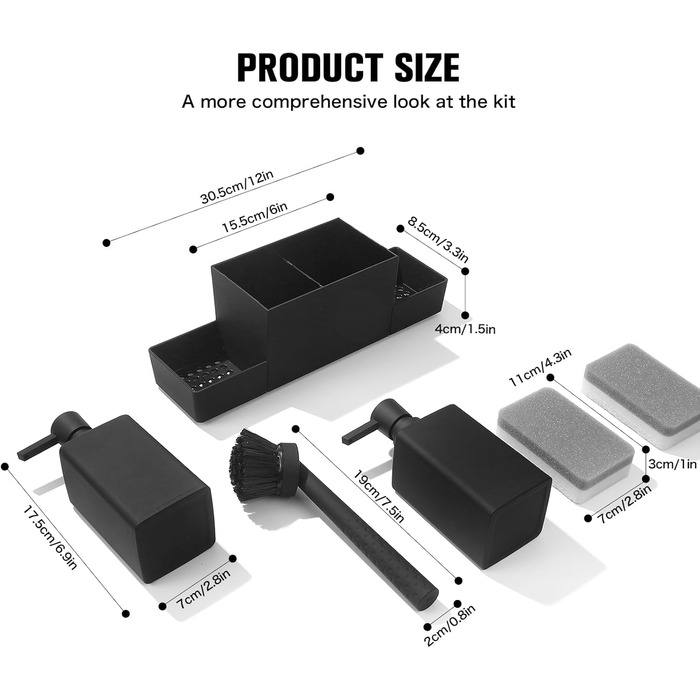 Дозатор рідини для миття посуду та мила кухонний набір з щіткою-тримачем губки, дозатор рідини для миття посуду кухонний чорний, дозатор мила та рідини для миття посуду набір кухонний гаджет органайзер для раковини з дозатором мила (чорний, 4 в 1) 4 в 1 ч