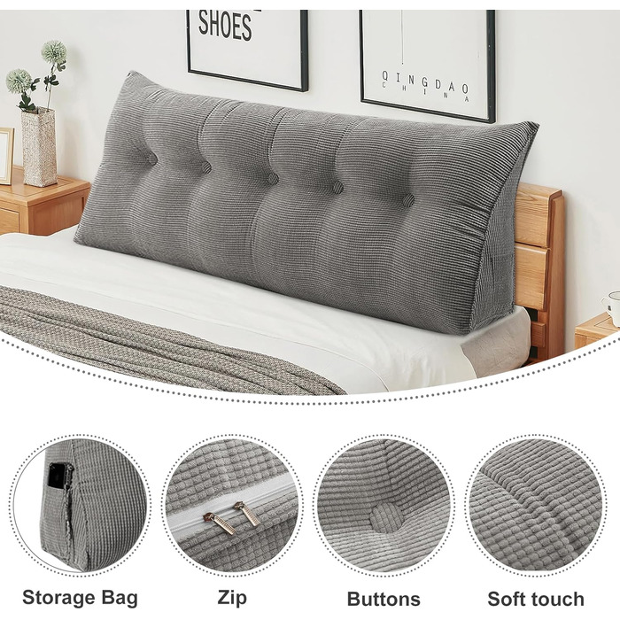 Подушка для спини Supfine, подушка для читання для ліжка та дивана, клиноподібна подушка з кишенею для мобільного телефону, вельвет, подушка для сидіння, настінна подушка, чохол, який можна прати (160x50x20 см, сірий, вельвет) сірий, вельвет 160x50x20 см