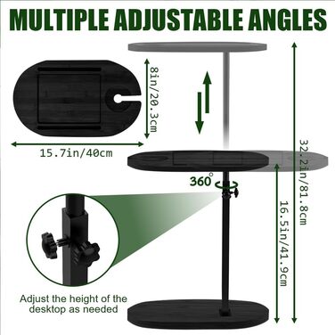 С-подібний журнальний столик, регульована висота (42-82 см), бамбуковий журнальний столик, що обертається на 360, дерево та метал, невеликий журнальний столик, журнальний столик для вітальні, ванної кімнати, ліжка, дивана (бамбук)
