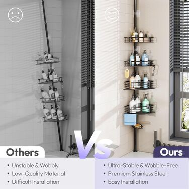 Кутова полиця для душу без свердління, телескопічна, регульована по висоті. Тримач для шампуню з 4 кошиками, нержавіюча сталь (70-267 см, чорний). Чорна 4-кошикова телескопічна полиця.