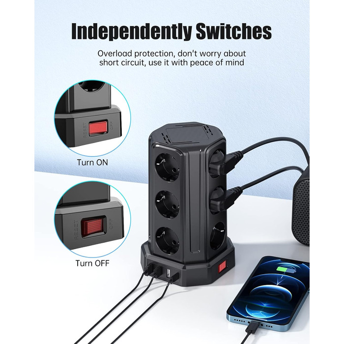 Шляхова розетка на 4000 Вт 16 А з подовжувачем 5 м, 3 розетки USB A і 1 розетка USB C із захистом від перенапруги, розетка для дом