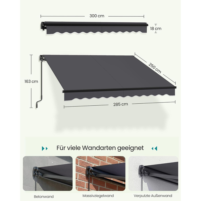 Складаний тент SONGMICS, тент з ручним приводом, сонцезахисний козирок для балкону, UPF 50, алюмінієвий сплав, регульований, 300 x 250 см, сірий GSA306GZ01 300 x 250 см сірий