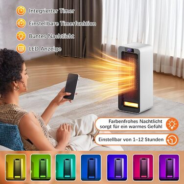 Невеликий енергозберігаючий електричний обігрівач - 1500 Вт з керамічним нагрівальним елементом PTC, 3-швидкісний нагрів, захист від перегріву та перекидання, електричний нагрівач