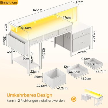 Письмовий стіл Rolanstar з розеткою, комп&39ютерний стіл з 5 шухлядами, світлодіодним освітленням, сумкою для зберігання та підставкою для монітора, сучасний кутовий стіл для домашнього офісу та ігор (білий)