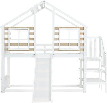 Дитяче двоярусне ліжко 90x200, ліжко-горище, дерев&39яне ліжко-будиночок зі сходами та гіркою, каркас ліжка із захистом від падіння та поручнями, ліжко з рейковою основою, каркас ліжка з масиву дерева, без матраца, білий колір