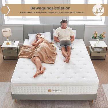 Матрац 180x200 см, висота 26 см, 7-зонний пружинний матрац, ортопедичний пружинний матрац кишенькової форми з комфортним шаром піни з ефектом пам&39яті, рівень жорсткості H3, розвантажує спину, 100-денний пробний період, 26 см, 180x200x26 см