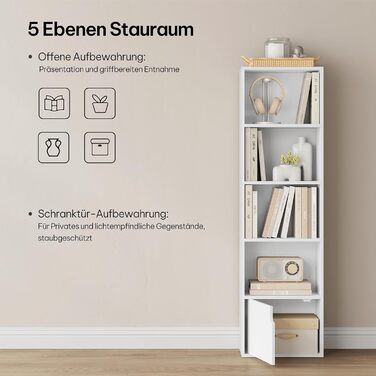 Біла книжкова полиця eSituro, вузька полиця з дверцятами, 5 відділень, окремостояча кубічна полиця для вітальні, спальні, офісу, 5 відділень, біла