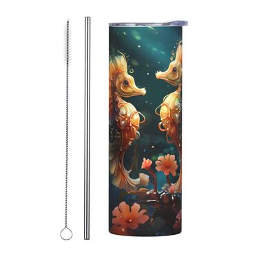 Кухоль з прямою трубочкою, мила пара морських коників, друкований дизайн, дорожній кухоль, підходить для кемпінгу, офісу та дому, 590 мл